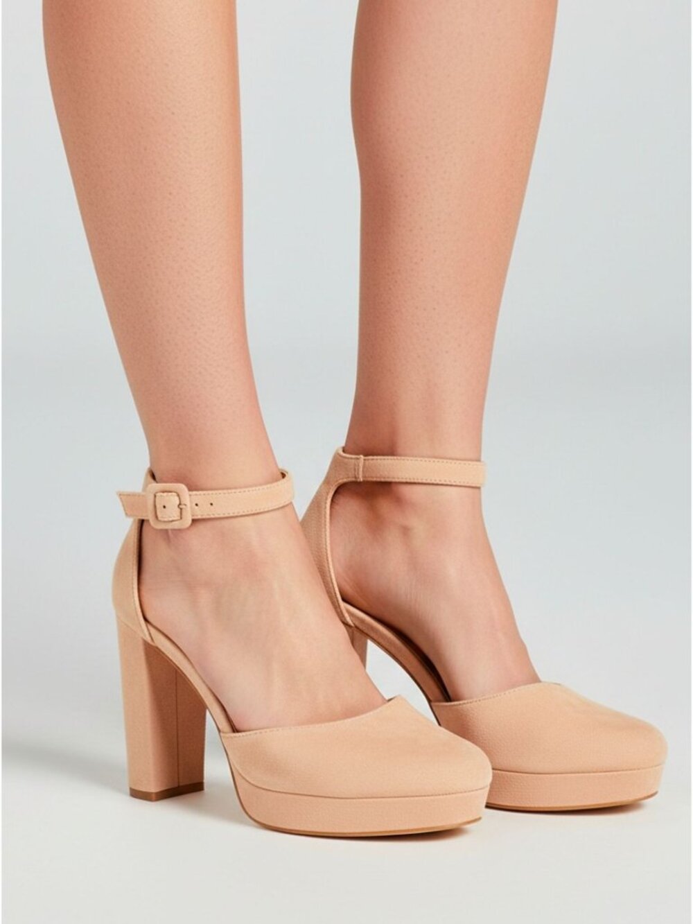 Nude Platform Block Heel Ankle Strap Pumps For Women Faux Suede Material